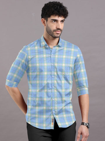 CORBIN BLUE AND YELLOW TWILL CHECK PREMIUM COTTON SHIRT